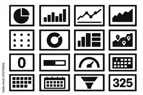Brutalist Dashboard Icons. Analytics Dashboard Basics silhouette set : pie chart widget, bar chart widget, line chart widget, area chart widget,