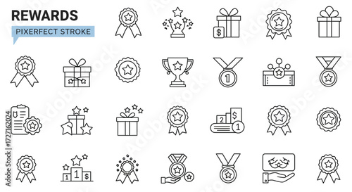 Icon set of rewards, prizes, and achievements represented in a minimalist style