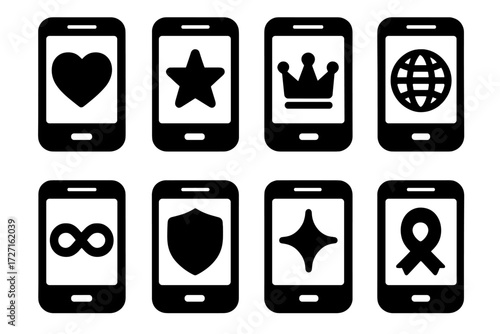 Bold Screen Time Icons. Symbolic Screen Time silhouette set : screen time with heart, screen time with star, screen time with crown, screen time with