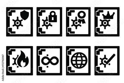 Bold Security Icons. Security Indicators silhouette set : vault door with shield, vault door with lock, vault door with ribbon, vault door with crown,