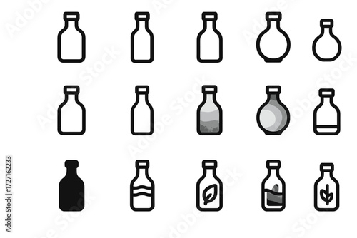 Glass Bottle Icon Set. Glass Bottle Basics silhouette set : simple glass bottle, tall glass bottle, short glass bottle, round glass bottle, bold