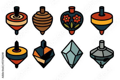 Cultural Top Icons. Cultural Styles silhouette set : Japanese koma top, traditional wooden carved top, painted folk art top, colorful festival top,