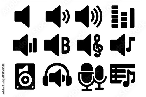 Brutalist Speaker Icons. Audio Levels silhouette set : speaker with one wave, speaker with two waves, speaker with three waves, speaker with soundbar,