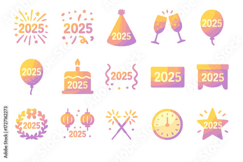 2025 Celebration Icons. 2025 Celebration set of icons in gradient flat : fireworks with 2025, confetti with 2025, party hat with 2025, champagne