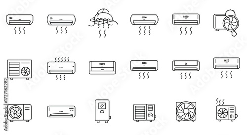 Line Icons of Air Conditioning Systems: Home Climate Control and Cooling Technology