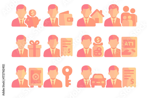 Financial Advisor Icons. Personal Finance Advisors set of icons in gradient flat : advisor with piggy bank, advisor with wallet, advisor with house,