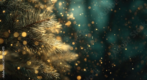 Golden Christmas tree branch in a blurred winter forest