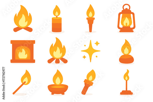 Fire and light flat icon set. featuring torch, lantern, candle, match, bonfire, spark, and diya symbols