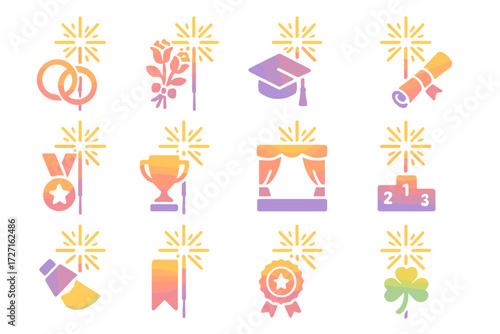 Event Sparkler Icons. Event Sparklers set of icons in gradient flat : sparkler with wedding rings, sparkler with bouquet, sparkler with graduation cap