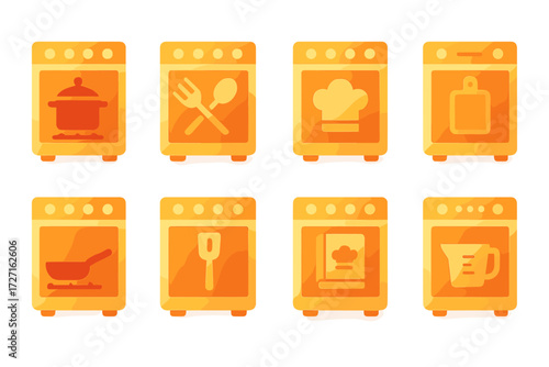 Kitchen Icons Set. Kitchen Theme set of icons in gradient flat : oven with pot on stove, oven with utensils, oven with chef hat, oven with cutting