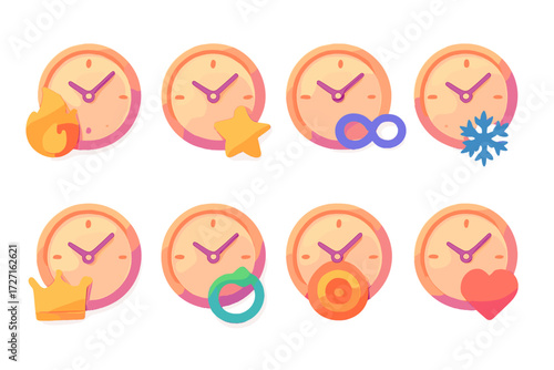 Time Icon Variations. Time Indicators set of icons in gradient flat : clock hands with flame, clock hands with star, clock hands with infinity, clock