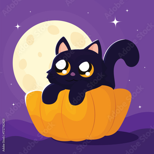 Halloween Cartoon Cat and Pumpkin Night Scen
