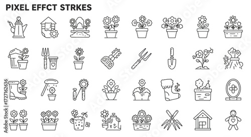 Outline icon set for flower and garden vector concept, pixel effect strokes
