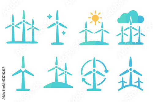 Wind Farm Icons. Wind Farm set of icons in gradient flat : row of wind turbines, single turbine with sparkles, wind farm with sun, wind farm with