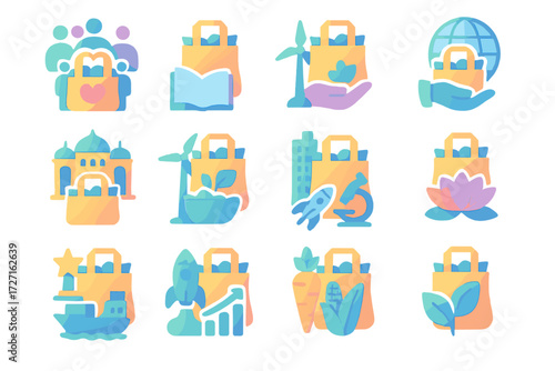 Bulk Shopping Icons. Event Bulk Shopping set of icons in gradient flat : bulk shopping community project, bulk shopping school program, bulk shopping