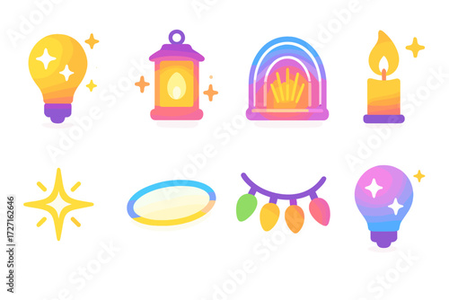 Lighting devices silhouette icon set. featuring bulb, lantern, fireplace, candle, star, spotlight, holiday lights