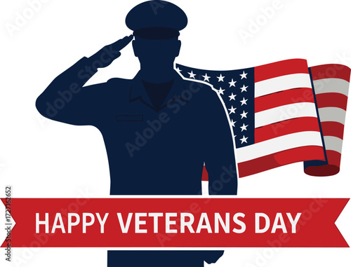 Veterans Day vector, saluting soldier silhouette, waving American flag, red banner tribute, patriotic honor design, military appreciation, national pride artwork
