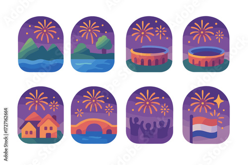 Fireworks Icon Spectacle. Fireworks Contexts set of icons in gradient flat : fireworks in mountains, fireworks by river, fireworks above stadium,