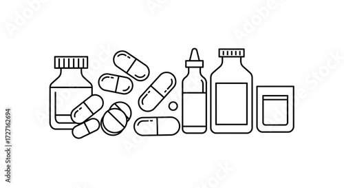 Pharmaceutical products line art drawing on white background depicting medications