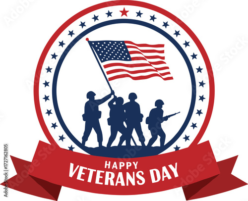 Veterans Day vector, soldier silhouettes, American flag, patriotic emblem, red blue stars, military honor, celebration banner, national pride illustration