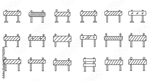 Set of line drawing illustrations of various types of road barricades or barriers