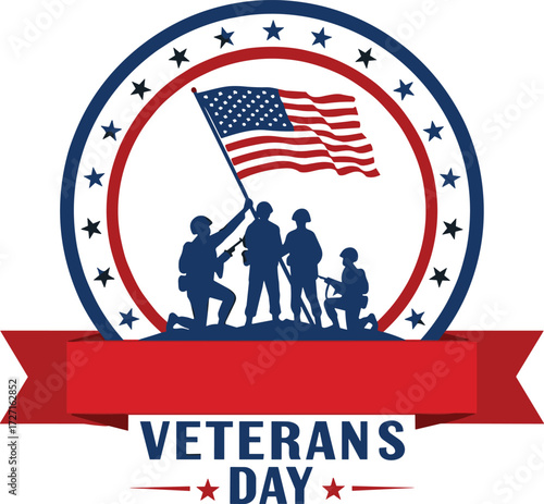 Veterans Day vector, soldier silhouettes, American flag, patriotic emblem, red blue stars, military honor, celebration banner