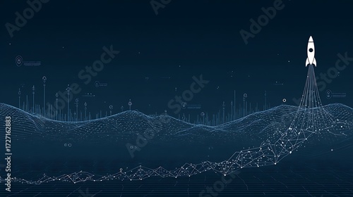 Futuristic Digital Landscape with Rocket Launching in Night Sky