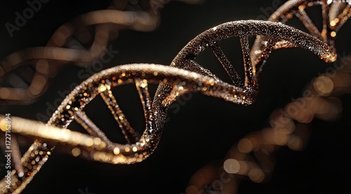 Golden DNA double helix, intricate 3D model, dark background, glittering