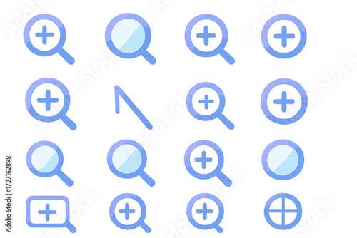 Zoom In Icons Overview. Zoom In Basics set of icons in gradient flat : magnifying glass plus, magnifying glass enlarged circle, magnifying glass
