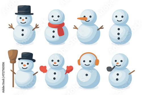 Snowman Icon Collection. Snowman set of icons in gradient flat : classic snowman with hat, snowman with scarf, snowman with carrot nose, snowman with