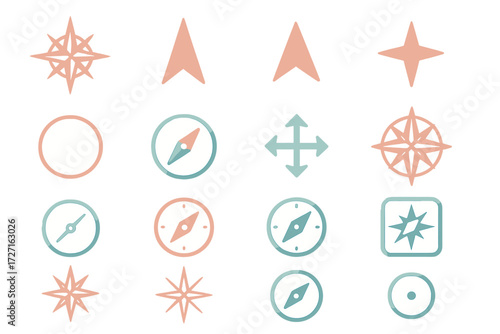 Colorful Compass Icons. Compass Basics set of icons in gradient flat : classic compass rose, north arrow, east arrow, south arrow, west arrow, simple
