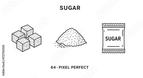 Sugar Icon Set: Cubes, Powder, and Packet in Minimalist 64-Pixel Perfect Style