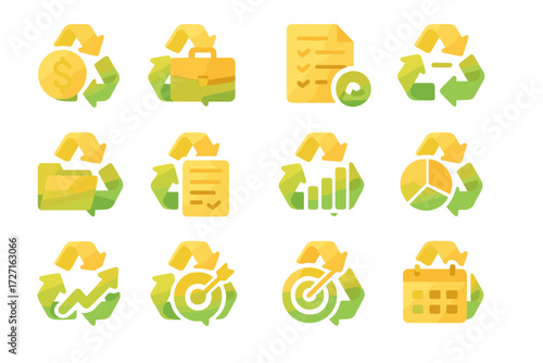 Business management flat icon set. featuring budget, briefcase, checklist, presentation, analysis, and calendar icons