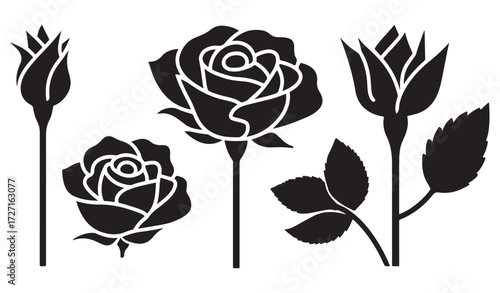 black and white silhouette vector set of roses and buds
