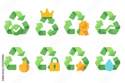 Eco Icon Set. Eco Indicators set of icons in gradient flat : recyclable icon with check mark, recyclable icon with crown, recyclable icon with ribbon,