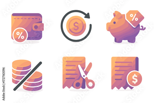 Savings Icons Collection. Financial Savings set of icons in gradient flat : wallet with discount, cash back symbol, piggy bank with tag, coin stack