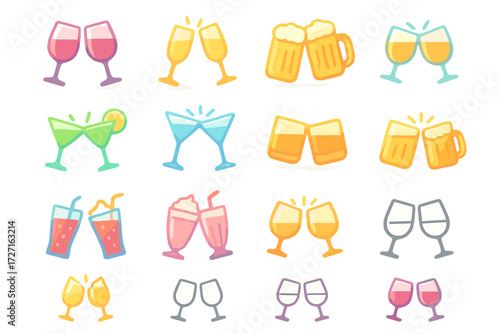 Toast Glasses Icons. Toast Glasses Variations set of icons in gradient flat : clinking wine glasses, clinking champagne flutes, clinking beer mugs,