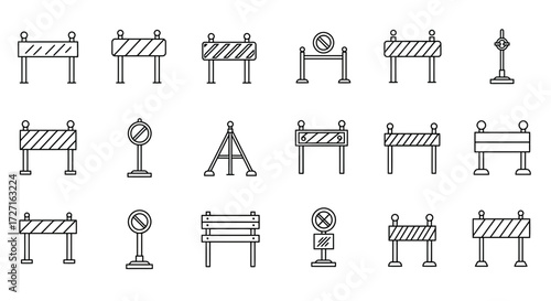 Vector line art set of different traffic barrier and construction signs collection