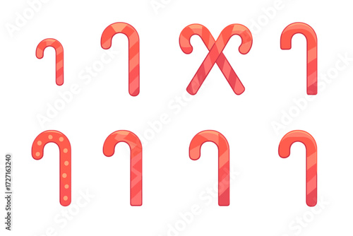 Candy Cane Icons. Candy Cane Variations set of icons in gradient flat : small candy cane, large candy cane, double crossed candy canes, candy cane
