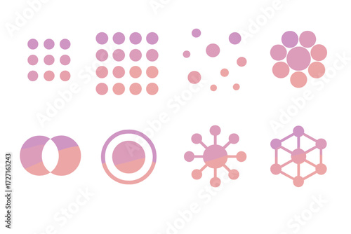 Gradient Data Icons. Cluster Variations set of icons in gradient flat : small data cluster, large data cluster, scattered points cluster, tight