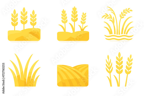 Golden Field Icons. Basic Golden Fields set of icons in gradient flat : wheat field, barley field, rice field, tall grass field, crop rows, grain