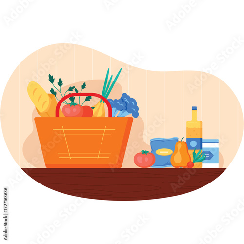 Grocery shopping basket on kitchen table vector