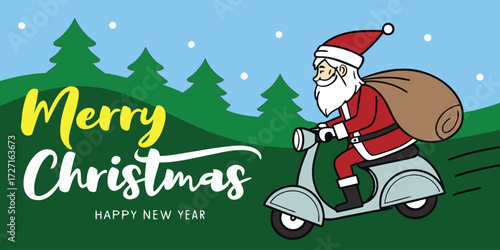 Whimsical Santa delivering presents on scooter, spreading holiday cheer and festive wishes for Merry Christmas and Happy New Year