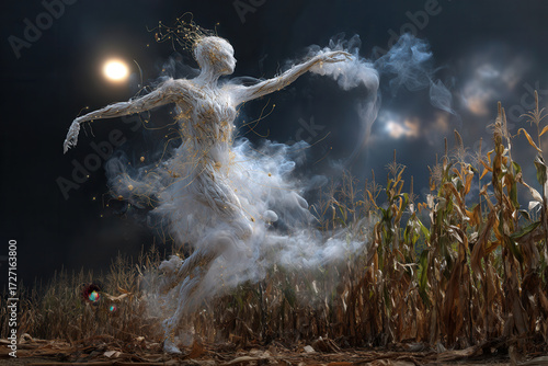 Ethereal figure dancing amidst a misty cornfield under a moonlit sky with distant stars