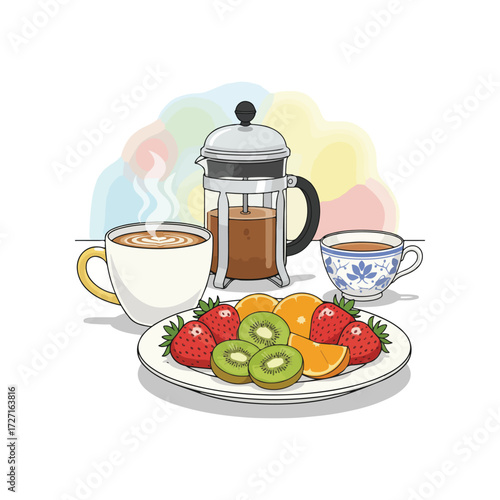 Breakfast illustration with French press coffee, tea cup, latte and fresh fruits including strawberry, kiwi and 