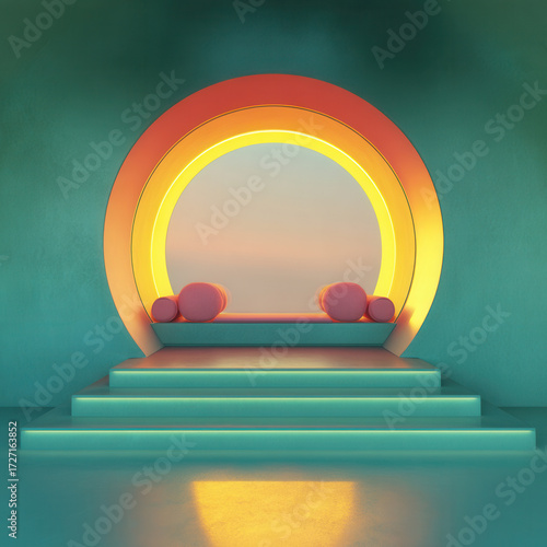 Bright and colorful archway with soft shapes in a serene setting at dusk