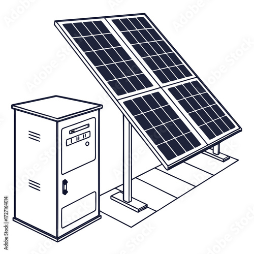 Clean energy illustration of a solar panel array connected to a control box on a tiled surface