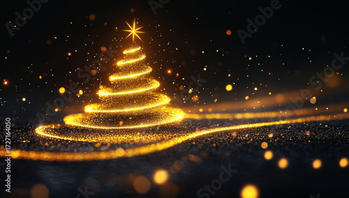 Shimmering golden Christmas tree made of light with glowing particles on dark background