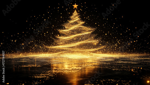 Golden sparkling Christmas tree shining brightly against a dark background with festive decorations and a star on top