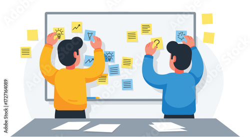 Brainstorming and Strategic Planning: Two individuals are actively engaged in a vibrant brainstorming session, their collaborative efforts focused on the strategic planning process.